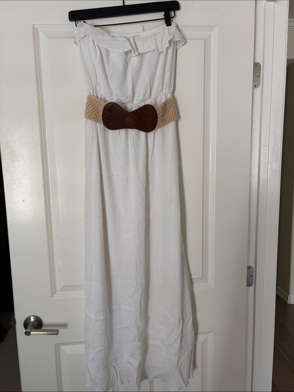 Trixxi White Strapless Maxi Dress with Tan & Brown Belt
